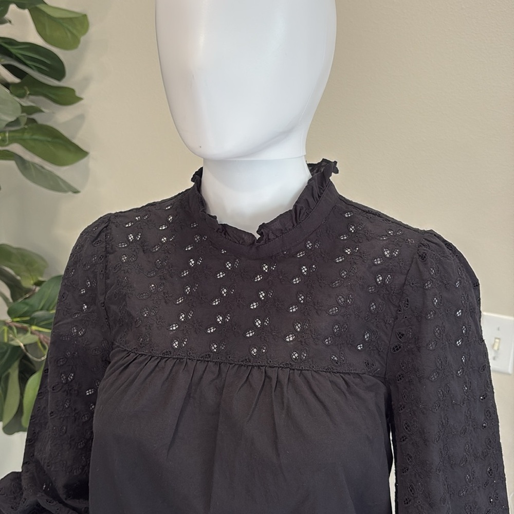 Madewell Black Eyelet Peasant Blouse Sz XXS Ruffle Tie Neck Balloon Long Sleeve - Picture 5 of 12